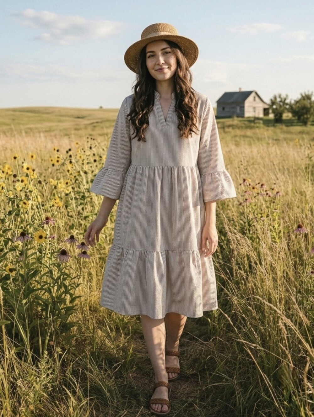 FIMARSTED Prairie-Style Tiered Dress – Beige & White Fine Stripes , Size L